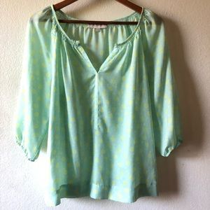 LOFT mint, yellow/green, gray sheer popover top